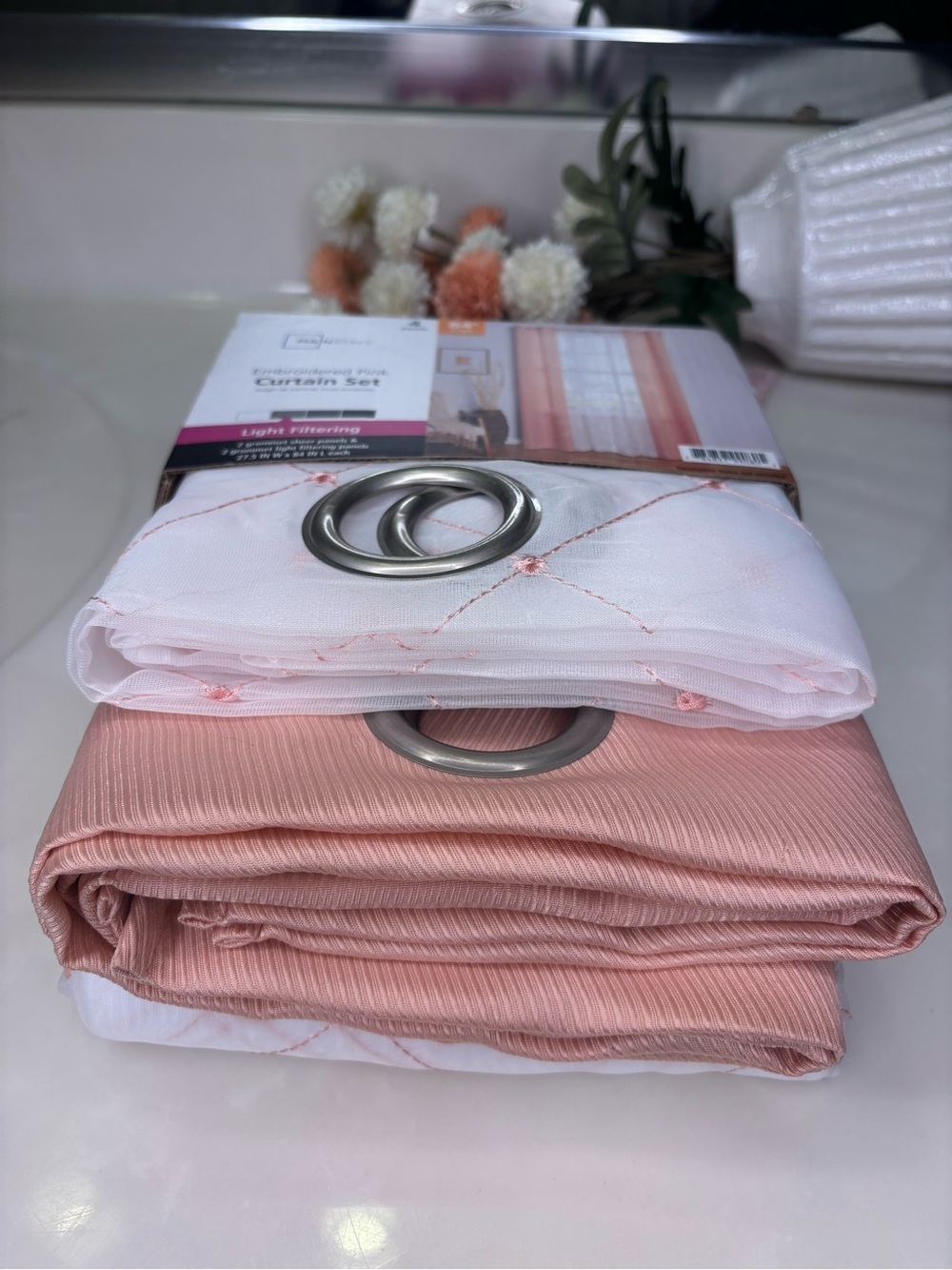 Pink Sheer and Solid Grommet Curtain Panel Set